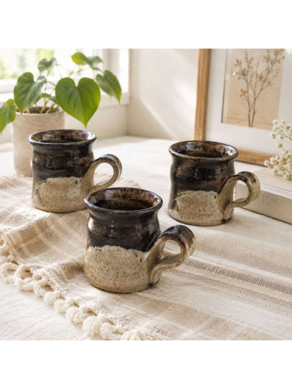 Set Of 3 Rustic Stoneware Handmade Mugs With Earthy Glaze & Unique Handles 3.5"